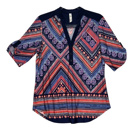 PerSeption Concept Blouse Womens Large Blue Pink Short Sleeve Y Neck Pullover Ge - Picture 1 of 7